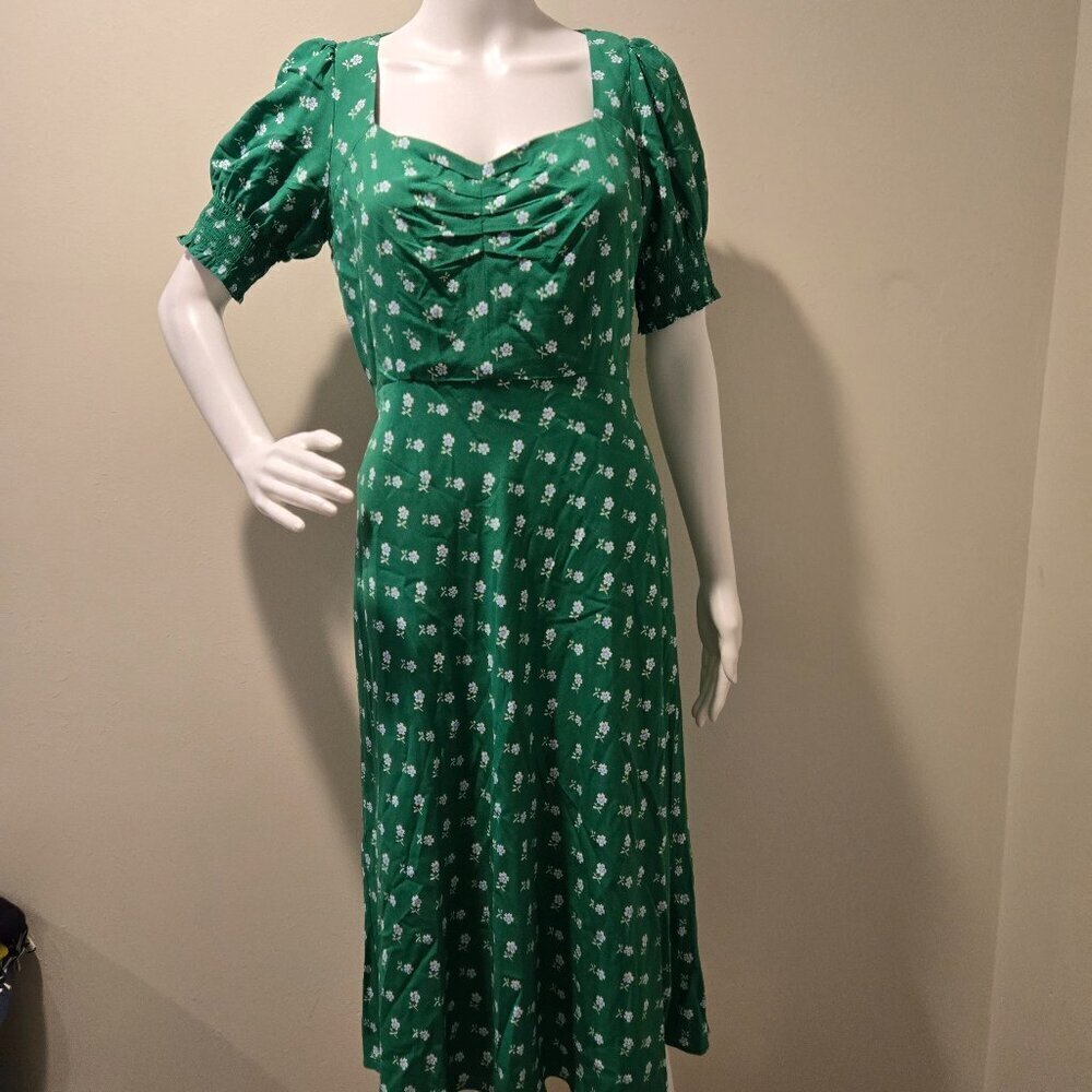 J Crew Puff Sleeve Midi Dress Bandana Flowers Print Green White 4